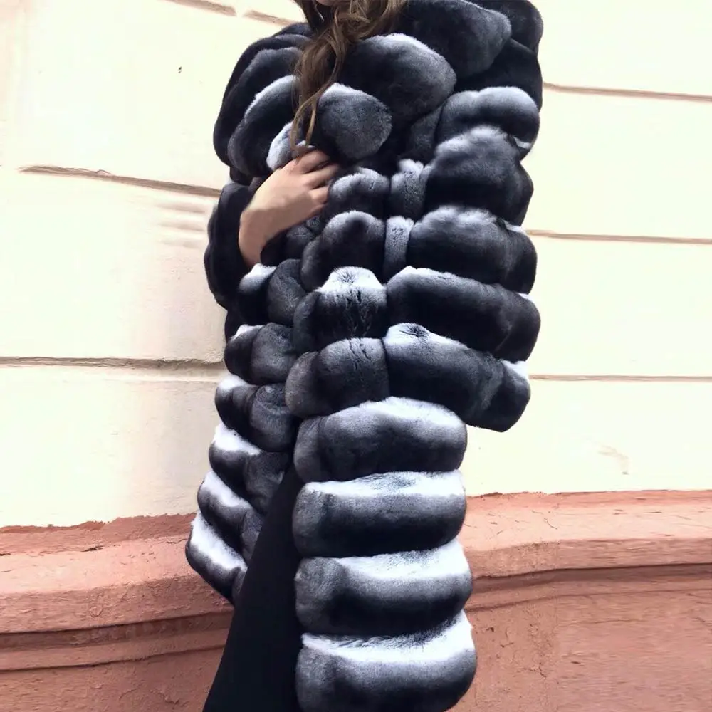 90cm long 90 см натуральный кроличий мех пальто Высокое качество элегантная женская зимняя куртка Шиншилла Цвет воротник натуральный мех пальто - Цвет: 90cm long