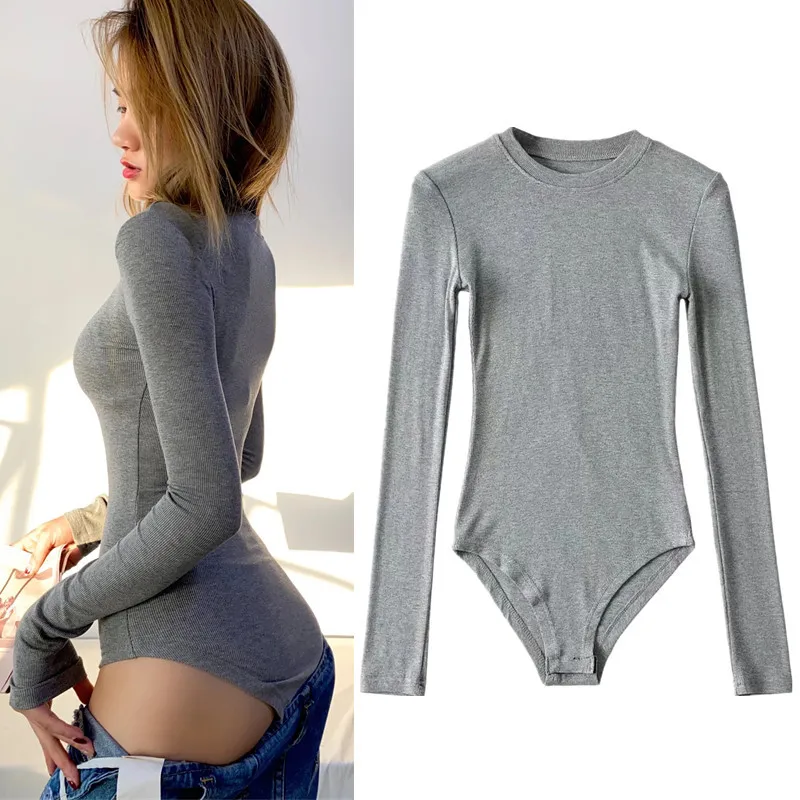 Осеннее однотонное эластичное облегающее боди с круглым вырезом и высокой