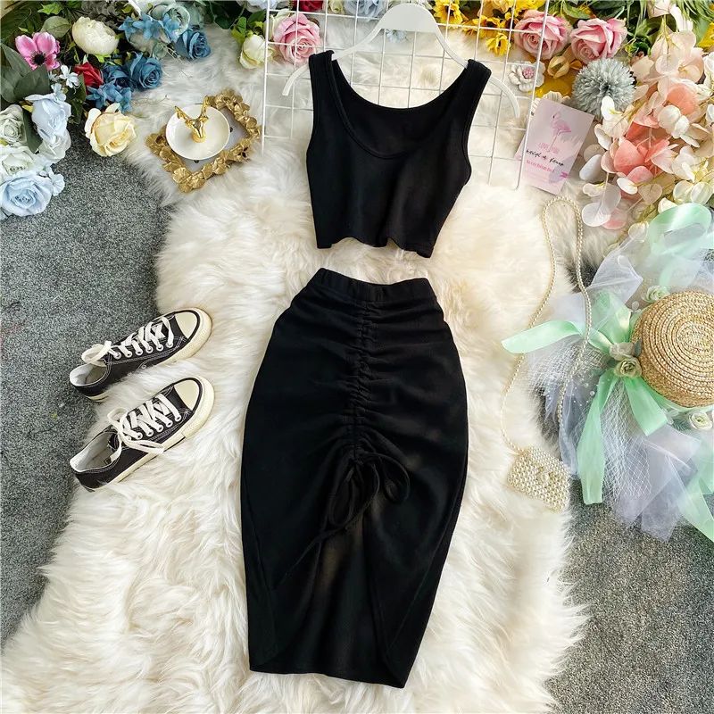 

2021 Summer Women 2pcs Set Black/Red Vintage Round Neck Knitted Short Tops + Drawstring Bodycon Skirt Female Two Piece Set New