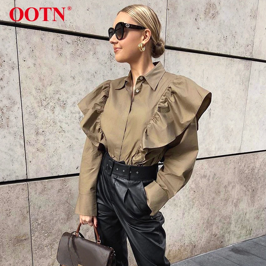 Женская блузка с оборками OOTN элегантная офисная цвета хаки длинными рукавами