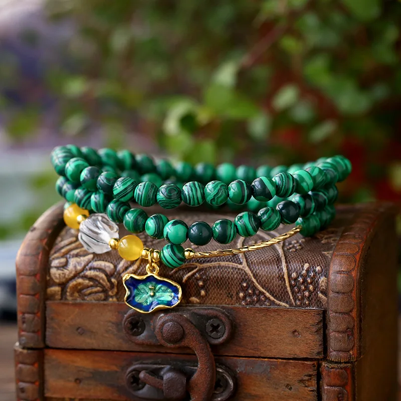 Натуральный малахит камень бисером браслеты с эмалью женщин 6 мм Шарм Кристалл