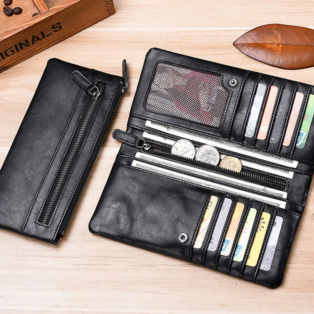 Men's PU Leather Wallet Large Capacity Hombre Double Zipper Fashion Men Card Holder Clutch Bag Male Business Long Wallet Purse