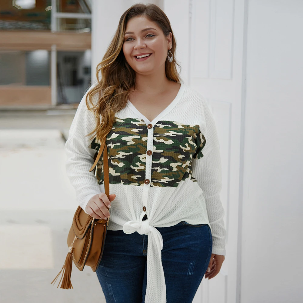 Женские топы размера плюс осень 2020 модный однобортный свитер с v-образным вырезом