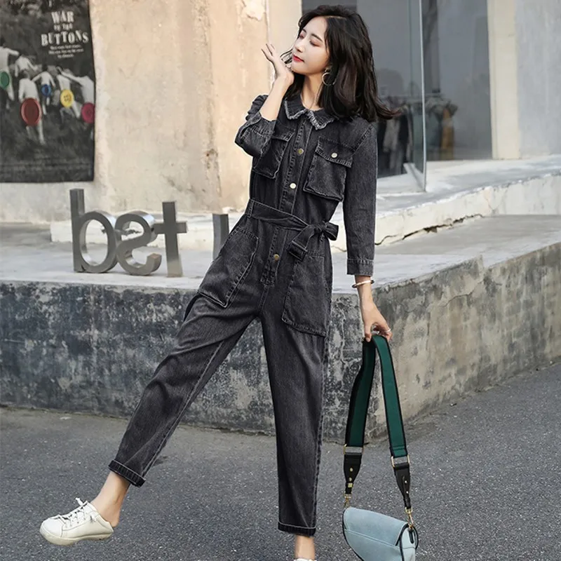 Осенняя мода корейский пояс карманы Женские карго Комбинезоны Винтаж Высокая