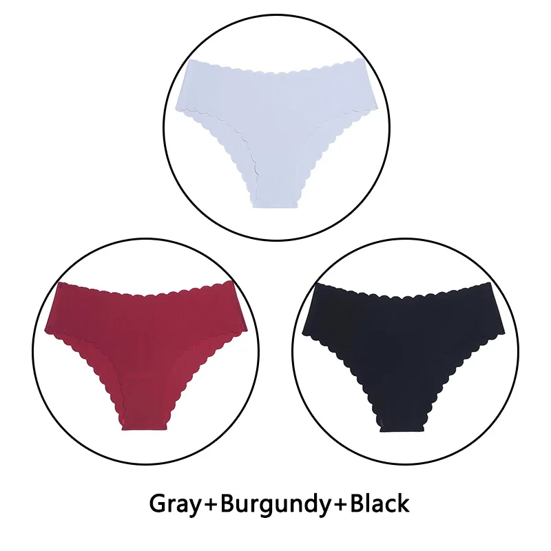 Gray Burgundy Black 3 шт./партия, сексуальные трусики с оборками женский сексуальный бесшовный трусики с низкой посадкой, однотонное мягкое нижнее белье, женские Ультра тонкие трусики, нижнее белье - Цвет: Gray Burgundy Black