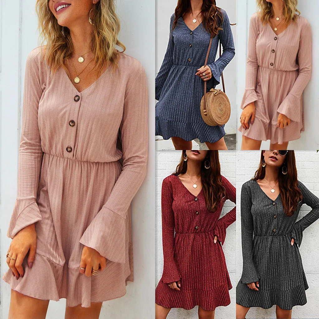 Вязаное платье для женщин Осеннее модное повседневное женское с v образным