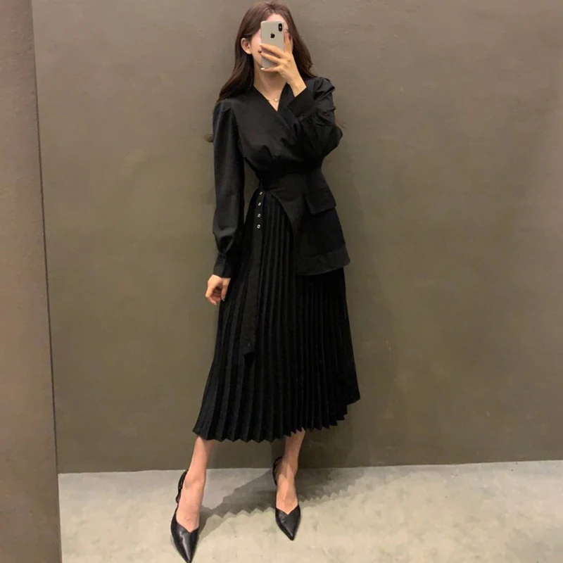 Платье женское Плиссированное с V-образным вырезом длинное однотонное