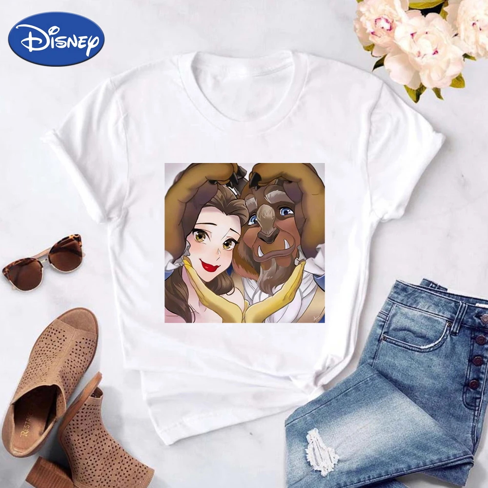 

Beauty and The Beast Disney Princess T Shirt Woman Short Sleeve Valentine's Day Cartoon Top Spain France Ropa Tumblr Mujer