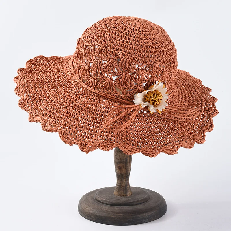 Летняя вязаная круглая соломенная шляпа с бантом и цветочным орнаментом дышащая