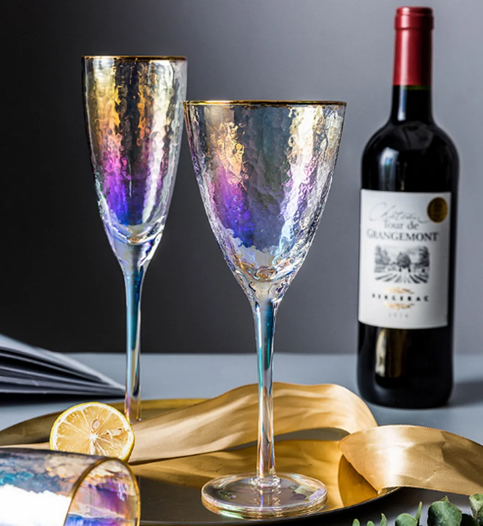 

High Quality Ion Pating Hammer Mesh Gold-rimmed Glasses Champagne Red Wine Cocktail Glass For Home Hotel Party Decoration LFB352
