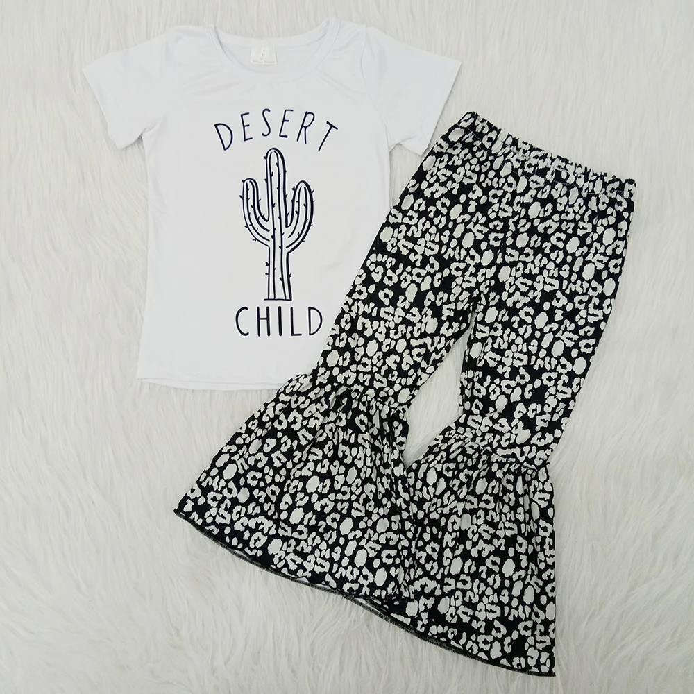 

Girls Clothing Sets White Cactus Short Sleeve Flared Pants Set Boutique Outfits Baby Clothing Set Kids Outfits