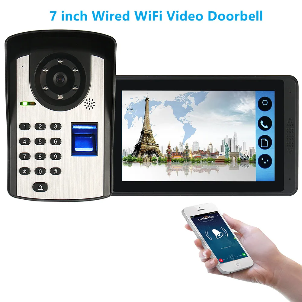 

Wired Video Doorbell WiFi Door Phone Call Intercom System For Apartment Villa w/ 7" Screen Monitor Fingerprint Password Unlock