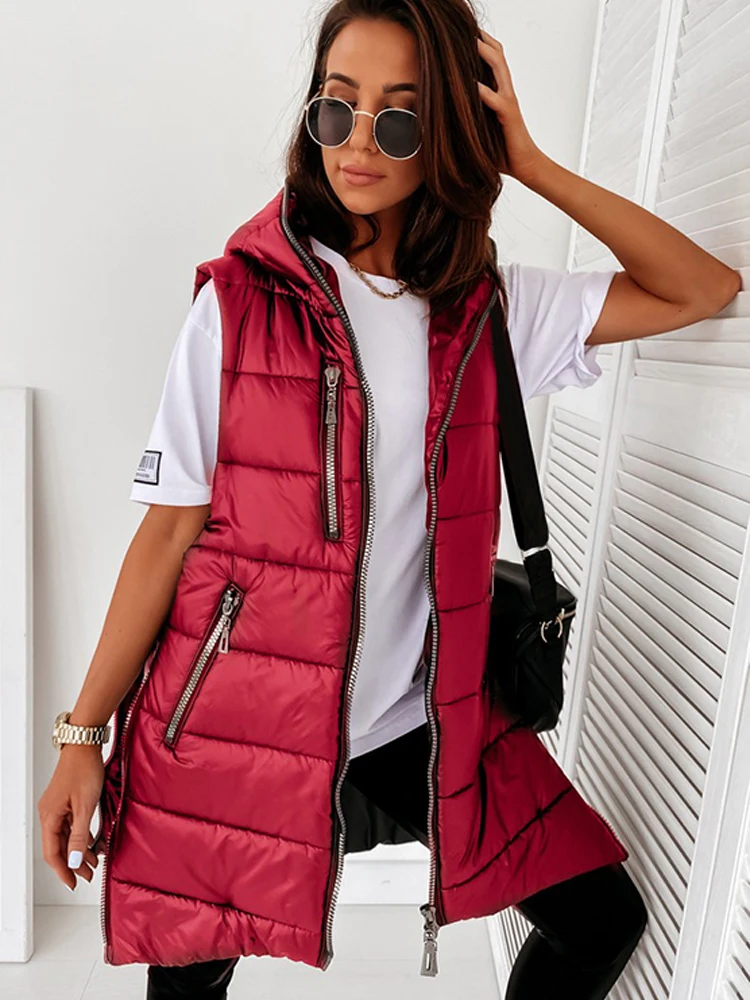 Sleeveless Puffer Jacket Women Hooded Cotton Padded Waistcoat Casual Streetwear Zipper Pocket Jacket Oversize Long Coat Parkas