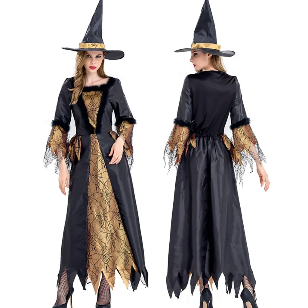 Хэллоуин Ночное платье + шляпа платья костюм 2019 женские ведьмы косплей