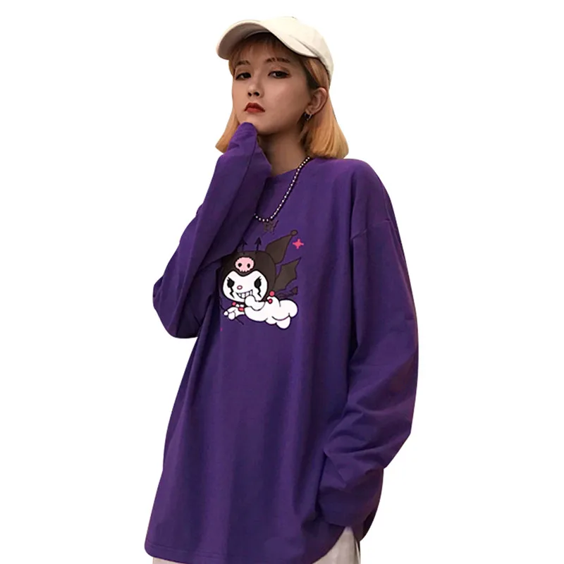 Harajuku футболка с длинным рукавом, топы, женская уличная одежда, фиолетовая футболка с принтом дьявола, Корейская Повседневная Свободная Осенняя женская футболка с круглым вырезом, топы
