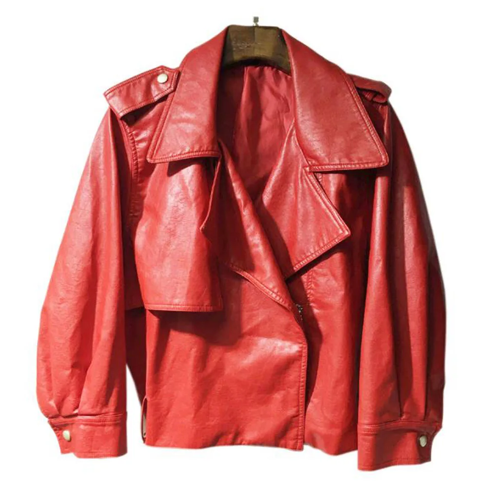 Women Faux Leather Jacket Camouflage Coat Loose Motor Style Oversized Female Gothic Turn-down Collar Biker With Belt | Женская одежда