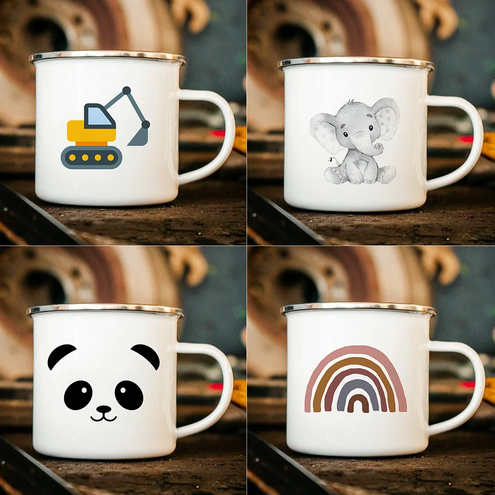 

Эмалированные кофейные кружки с мультяшным рисунком автомобиля, радуги, слона, с ручкой, чайные чашки, на день рождения, чашка для пива, сока,...