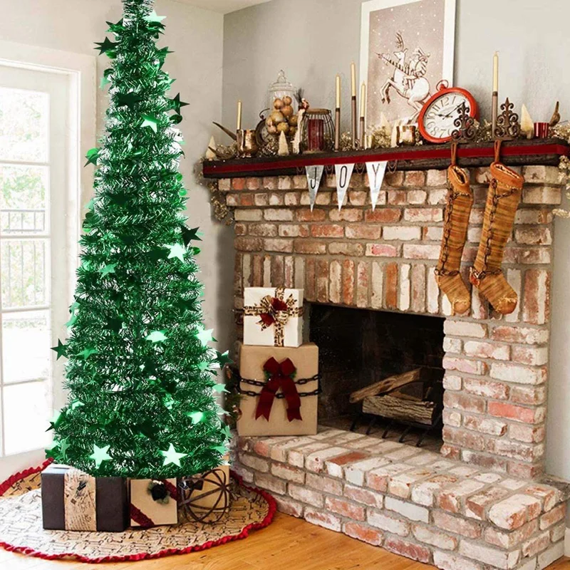 

New 3.94FT Collapsible Christmas Tree Tinsel Xmas Tree Artificial Pencil Sequins Trees for Fireplace Party Decoration