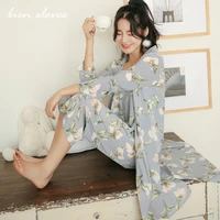 womens pajama set sleepwear suit long sleeve underwear 3 pieces loungewear floral printing pyjamas for ladies autumn homewear