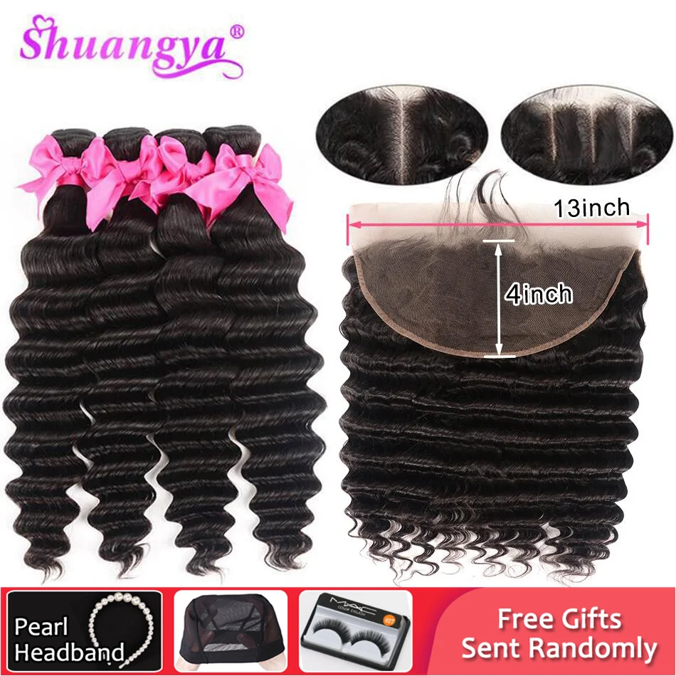 

Shuangya 13x4, передняя кружевная застежка с пряди, бразильские Свободные глубокие волнистые пучки с фронтальной Реми-кружевной передней частью ...