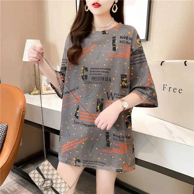 

Net Red T-shirt Female Ins Super Fire Short-sleeved Summer 2021 New Mid-length T-shirt Loose Letter Printing Top Tide