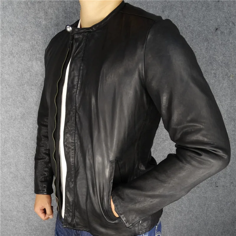 

Luxury New Men Small Stand-Up Collar Simple Genuine Leather Coat Zipper Decoration Black Casual Sheepskin Jacket Autumn Winter