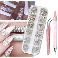 1box multi size glass nail rhinestones mixed colors flat back ab crystal with tools 3d charm gems manicure nail art decorations