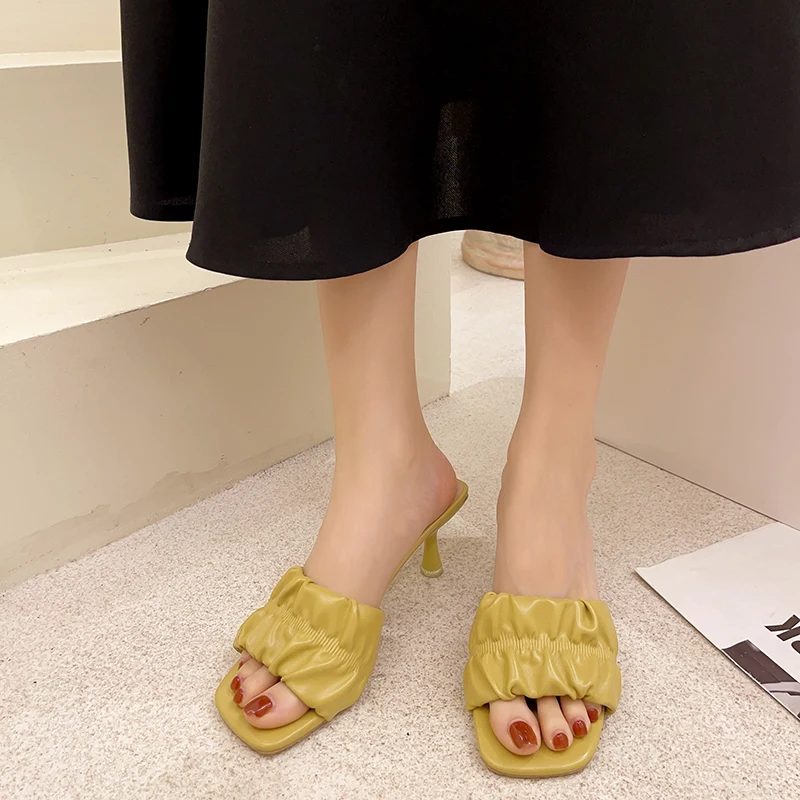 

Shoes Woman's Slippers Platform Luxury Slides Thin Heels Heeled Mules 2021 Designer High Soft Rubber Fashion PU Female Shoes Sli