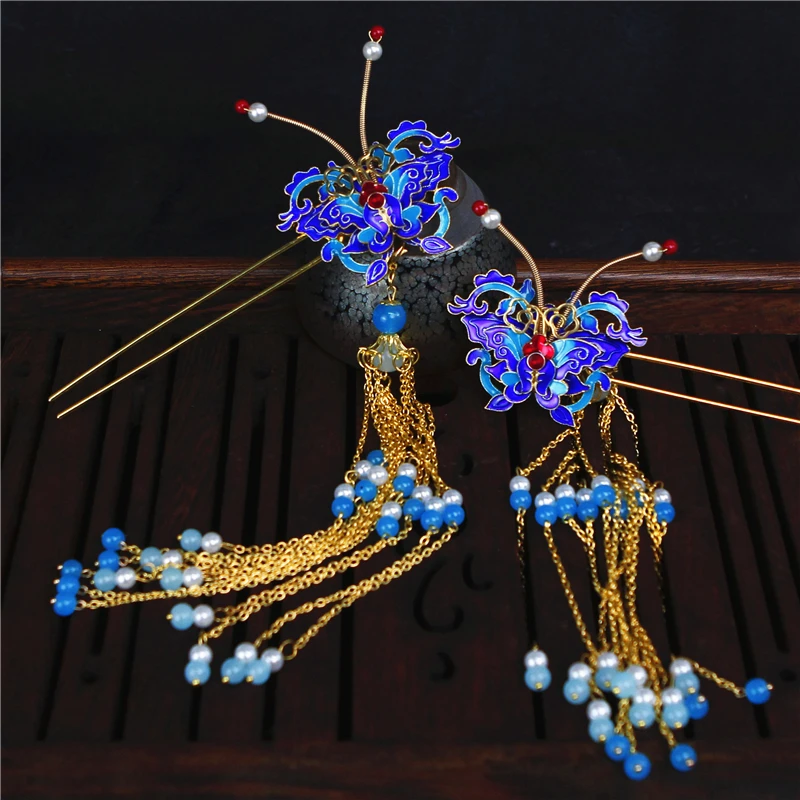 

Hanfu шпильки для волос с синей бабочкой старинный китайский головной убор с кисточками Женская головная повязка
