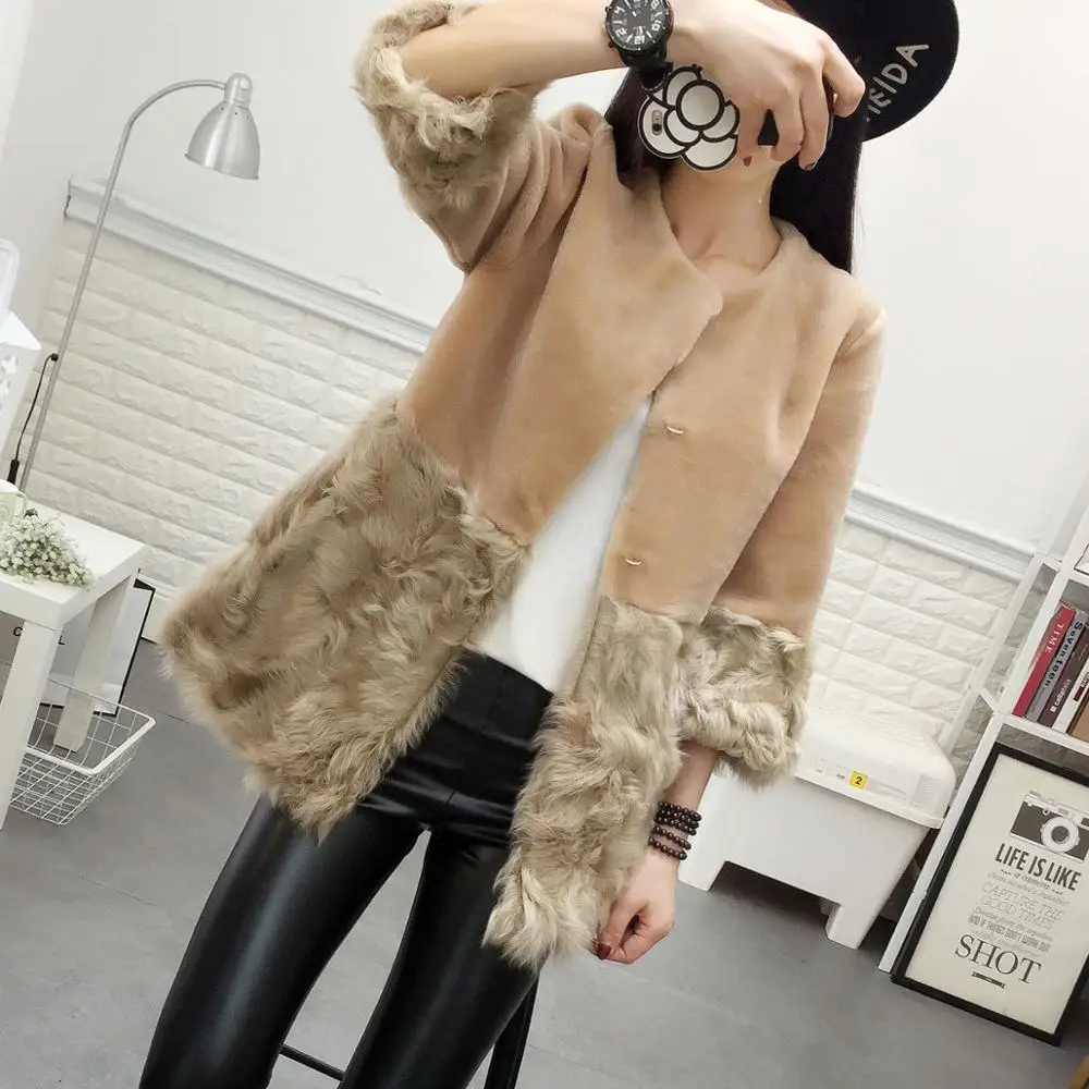 Контрастная женская шуба средней длины из шерсти ягнёнка верхняя одежда