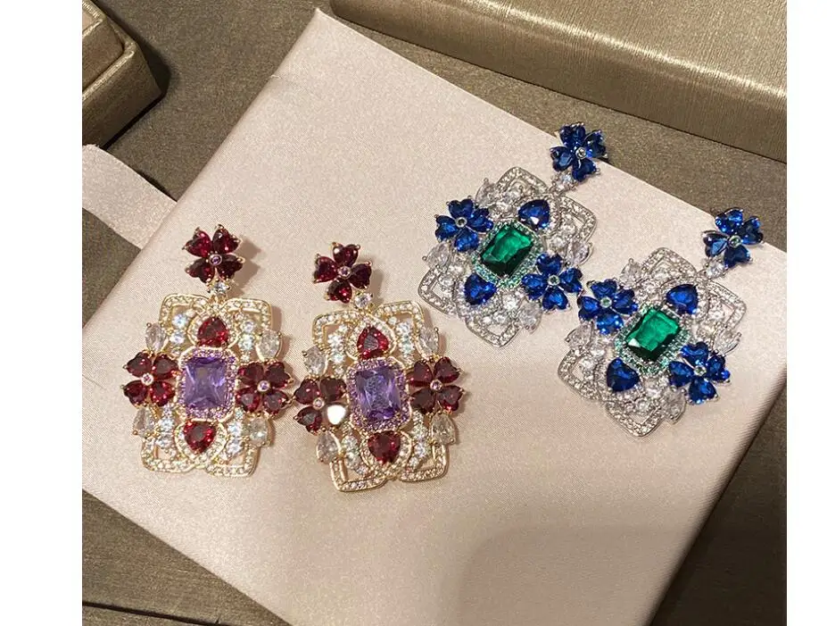 

Lake Earrings Heart Shaped Blue Flower Square Earrings Luxury Zircon Earrings Exaggerated