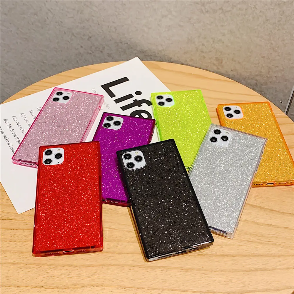 

Solid Color Square Glitter Phone Case For iphone XR X XS 12 Mini 11 Pro Max SE 2020 8 7 6 6S Plus Silicone Soft TPU Back Cover