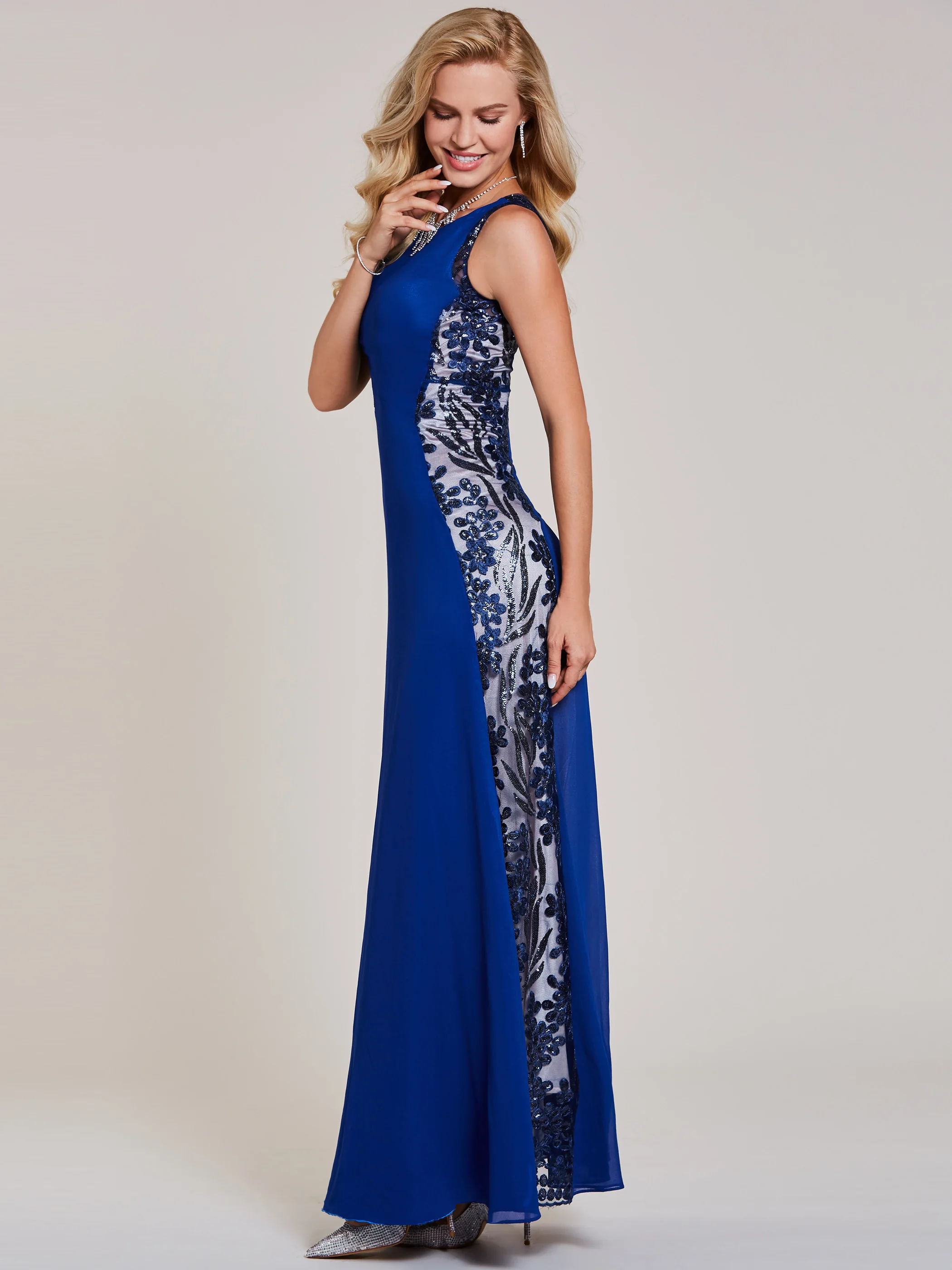 Платье v образный вырез Королевский синий цвет Длинные вечерние платья дешевые