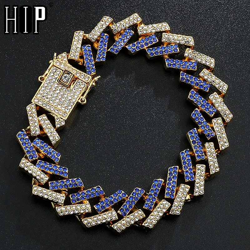 Мужские браслеты в стиле хип хоп 15 мм украшенные сверкающими Фианитами кубинская