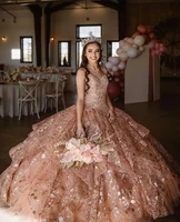 luxury rose gold applique princess quinceanera dresses glitter beads sleeveless ball gown lace party sweet 15 16 girls dresses