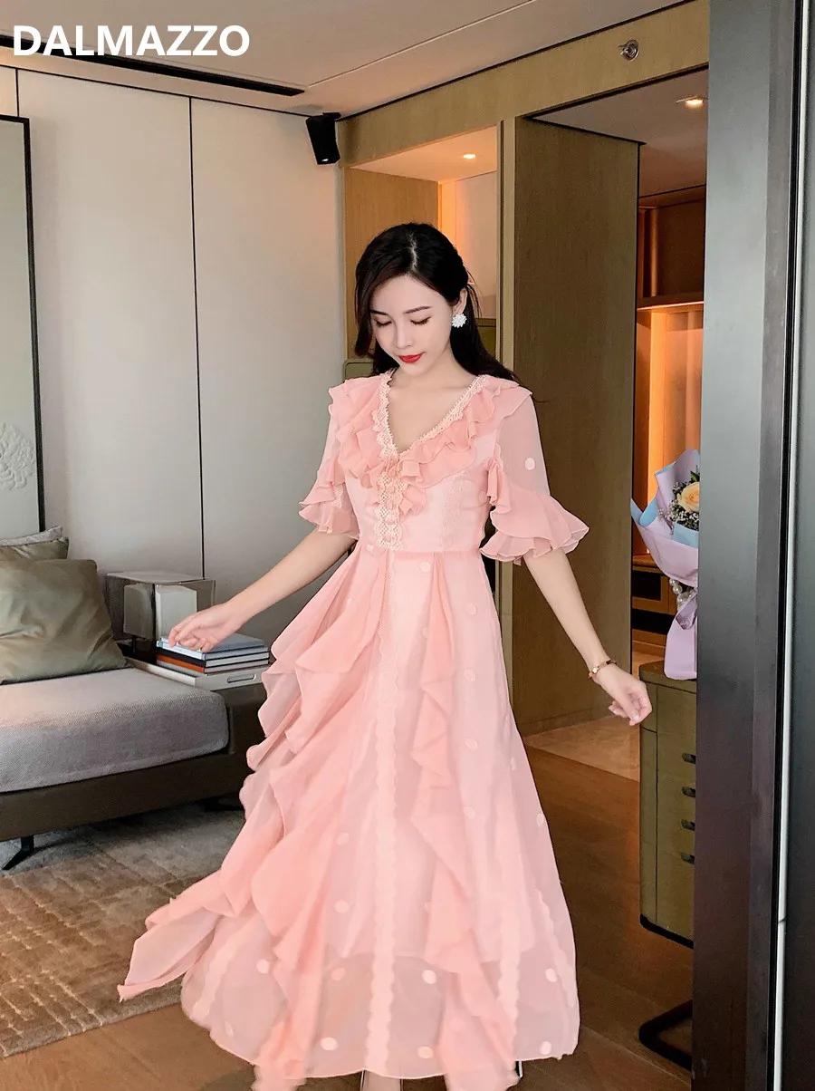 Женское шифоновое платье с оборками длинное облегающее V образным вырезом