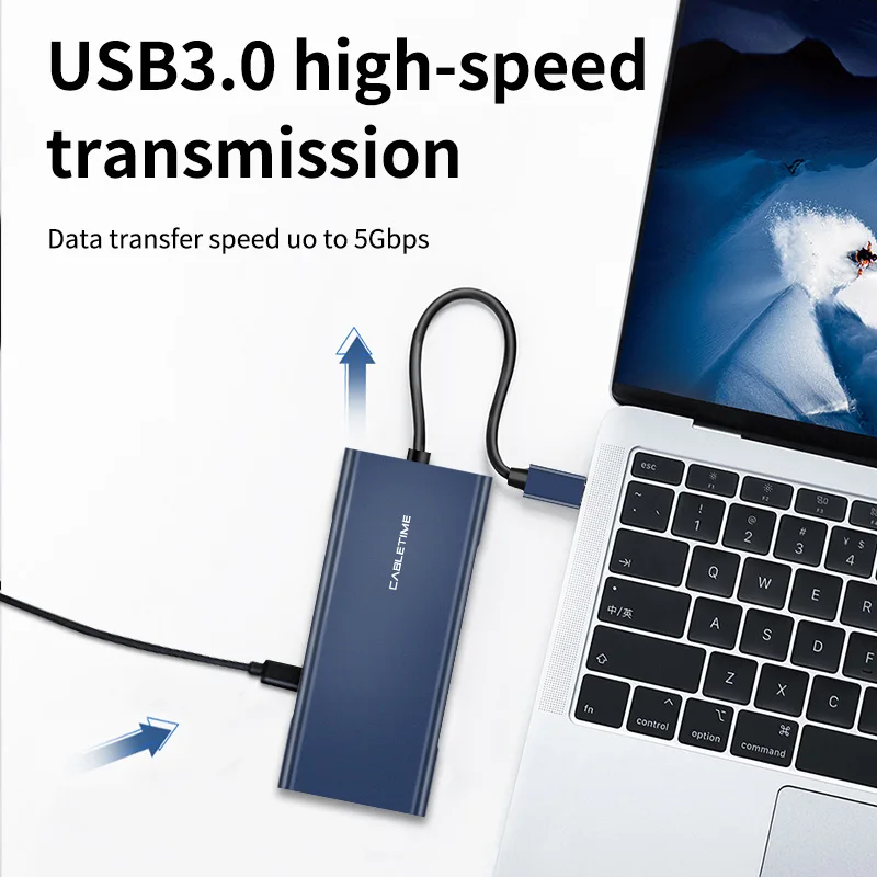 

CABLETIME USB Type C HUB to HDMI USB 3.0 SD/TF Card Reader VGA 3.5mm Adapter Dark blue for Huawei Matebook PD Charging N302