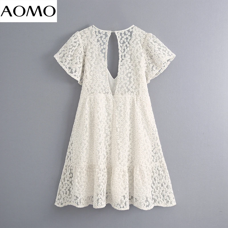 

AOMO 2020 new women white floral embroidery playsuit v neck backless short Sleeve Female beach playsuit BE762A