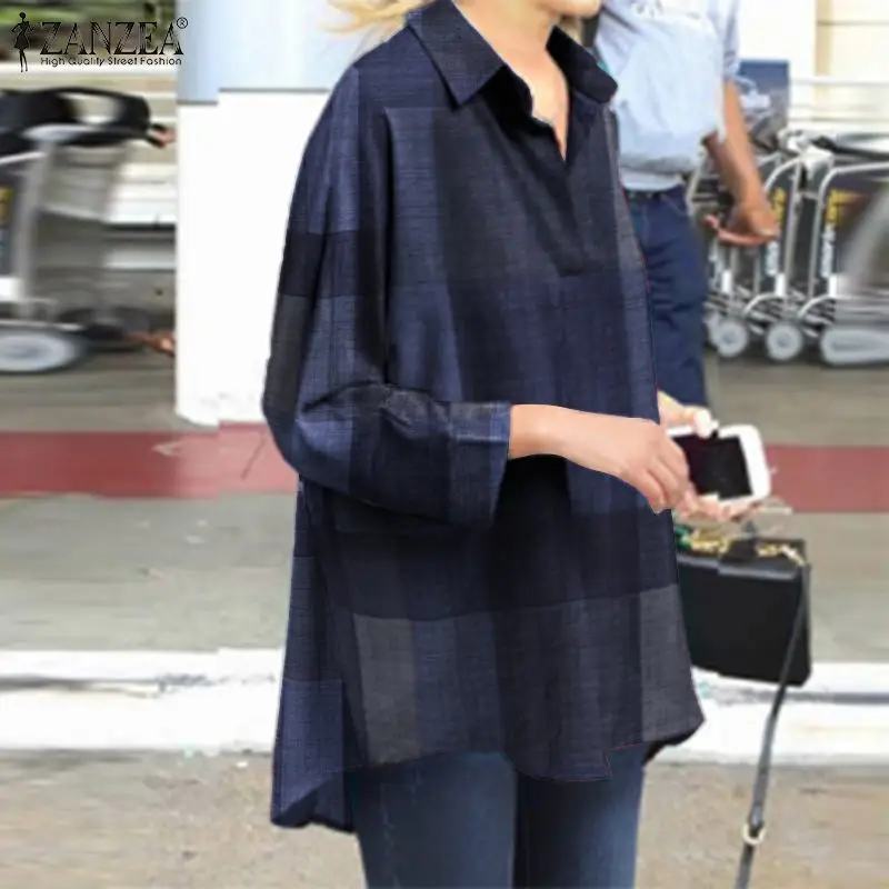 

Female OL Irregular Chemise Women Shirts ZANZEA Fashion Printed Blouse 2021 Autumn Casual Tops Lady Oversized Long Sleeve Blusas