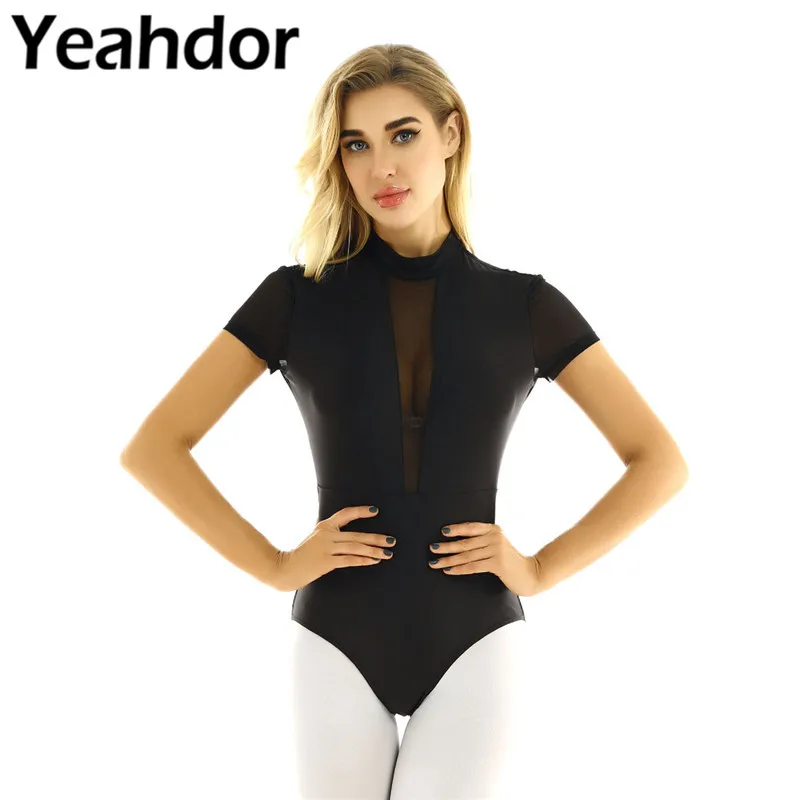 Женский женский взрослый короткий рукав открытая спина макет шеи гимнастическое