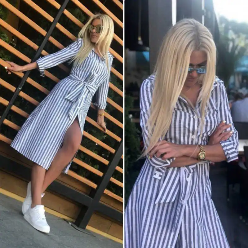 

Casual blue female dress, striped blue dress long sleeve striped sleeve collar turned down dressed a classic summer
