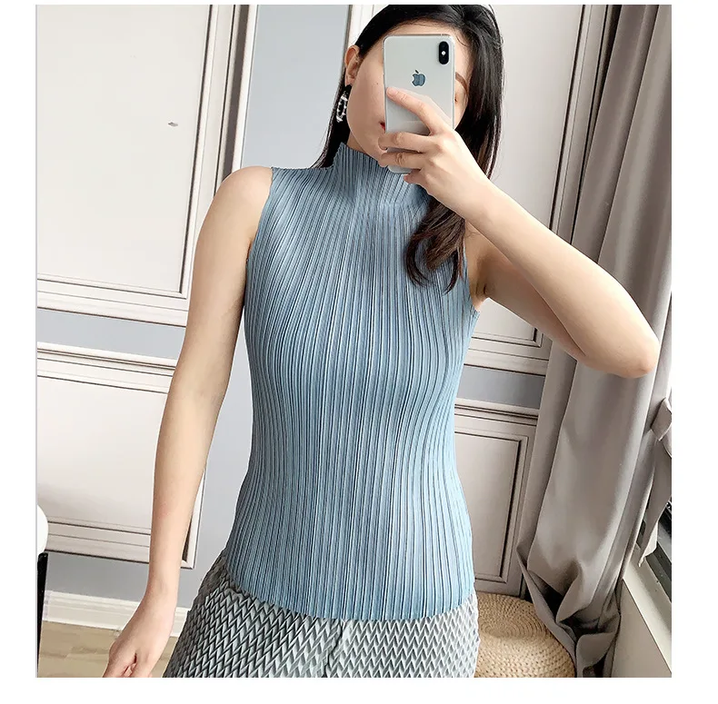 

Classic Pleated Female Basic Tank Top Female Wild Turtleneck Women Sleeveless Tees Temperament T-shirt Vest Aesthetic Clothes