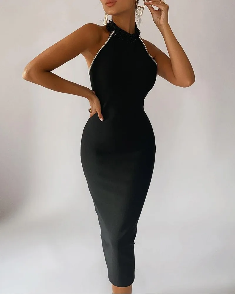 

Черное платье миди с лямкой на шее, женское контрастное Кружевное облегающее платье с открытой спиной и жемчужинами