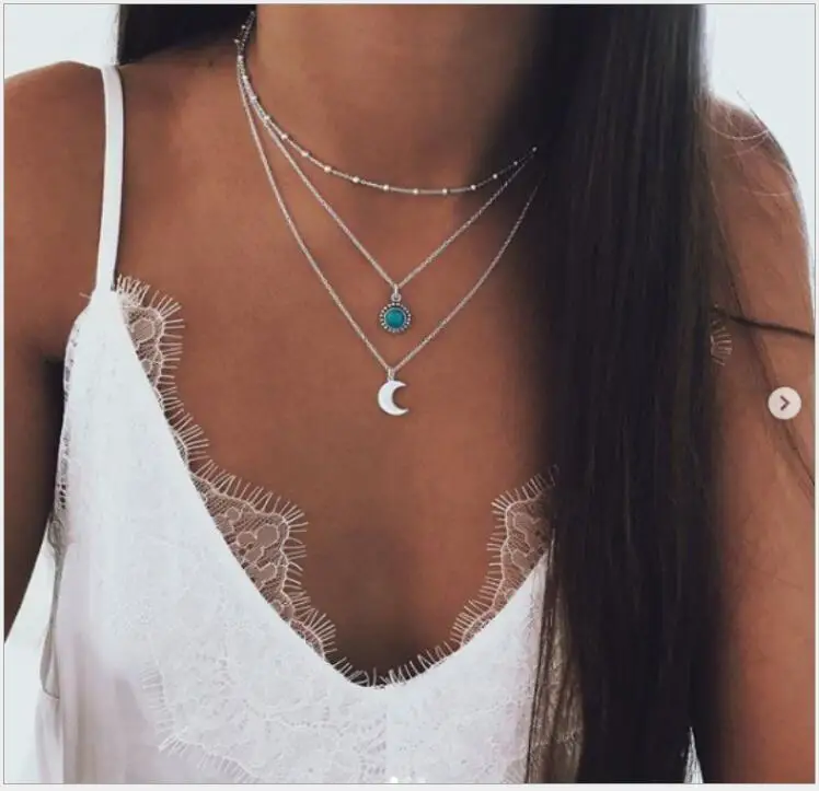 

Bohemian jewelry 2021 new fashion pop jewelry moon three-layer multi-layer necklace female wholesale Christmas Women Gifts