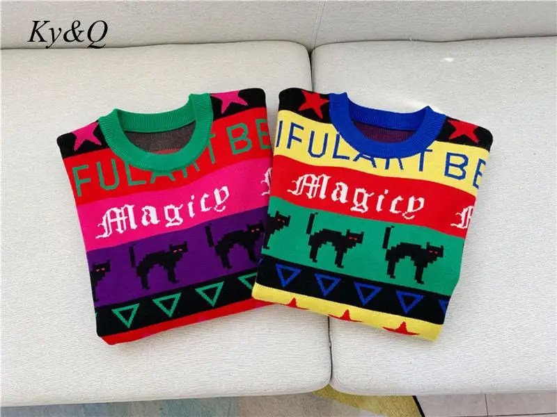 Женский пуловер в радужную полоску модный жаккардовый свитер с круглым вырезом и