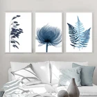 Плакат с голубыми растительными листьями, минималистичные скандинавские цветы, растения, Картина на холсте, настенные картины для декора гостиной