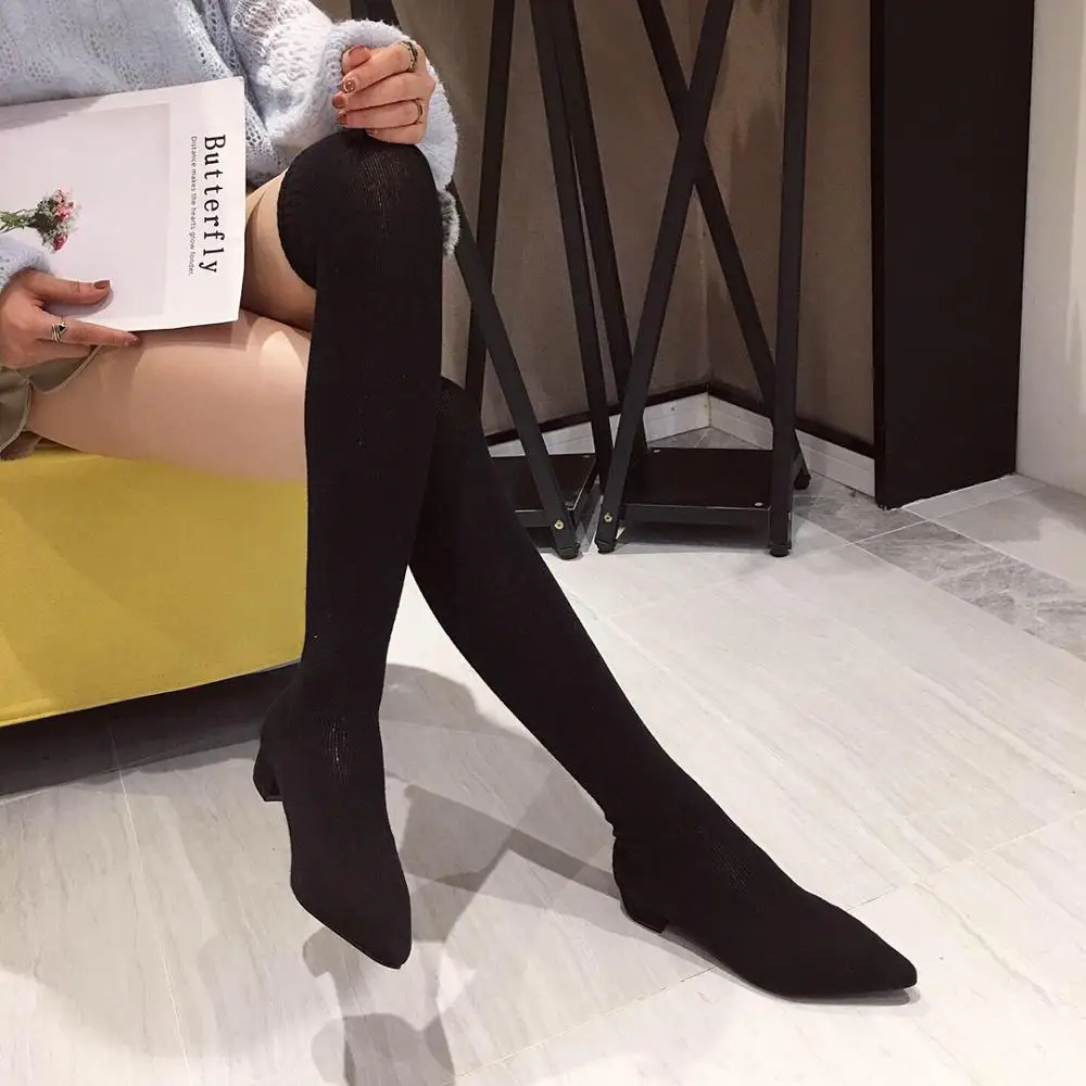 NIUFUNI 2021 Lady Over The Knee Sock Boots Fashion Flower Knitting Thigh Boots Pointed Toe Chunky Heel Elasitc Sock Boots Shoes