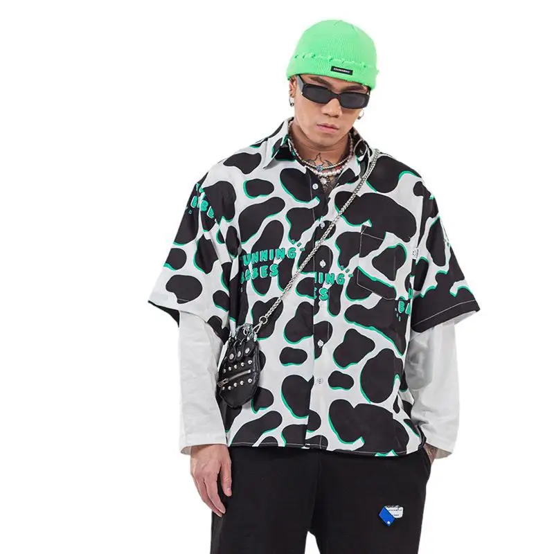 

Vivgae men's fashion brand Guochao men's and women's fashion with two pieces of cow Long Sleeve Shirt