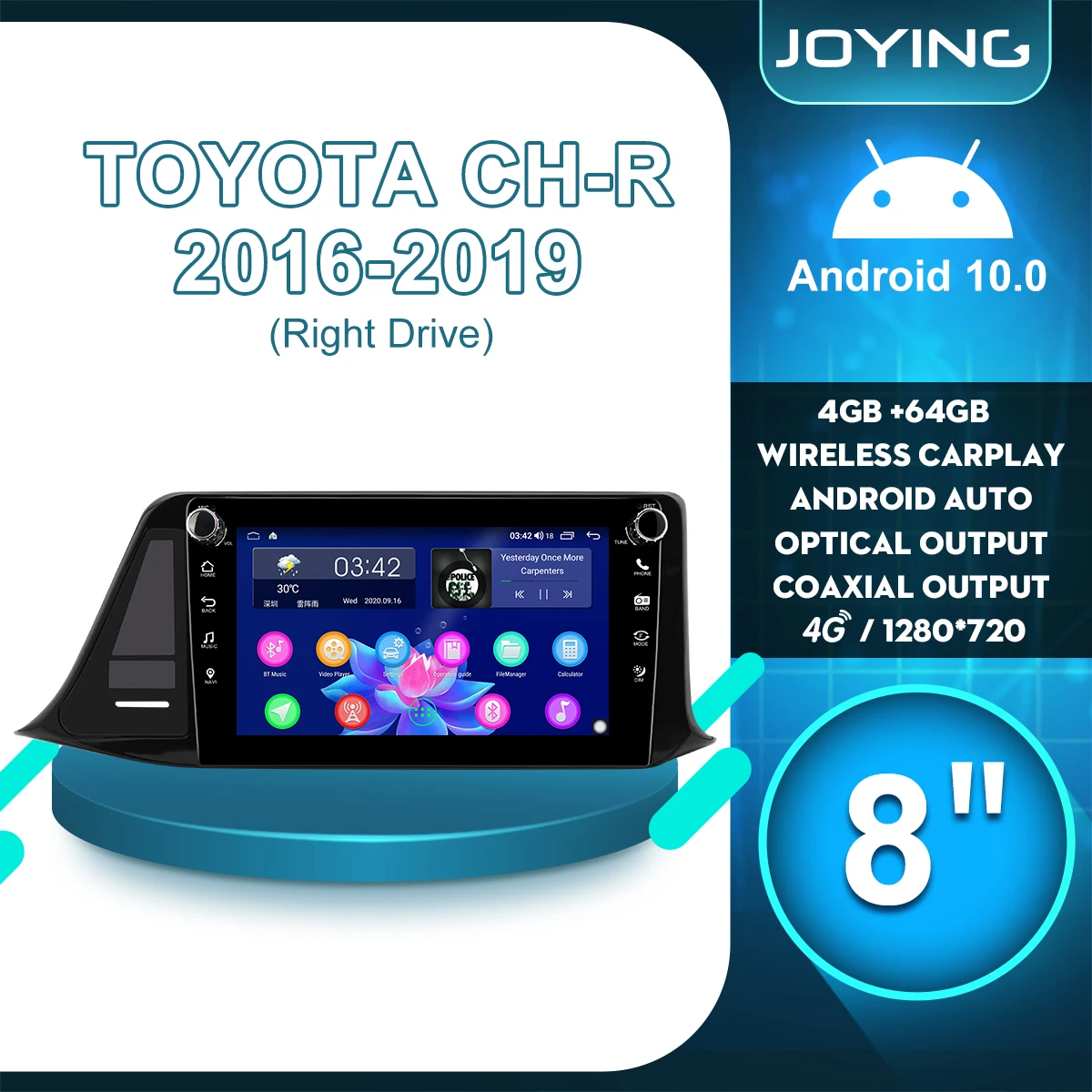 

Головное устройство JOYING Android 10, автомобильное радио, стерео, мультимедиа для Toyota C-HR, CH-R, CHR 2016, 2019, беспроводное, Carplay, рулевое колесо, DVR