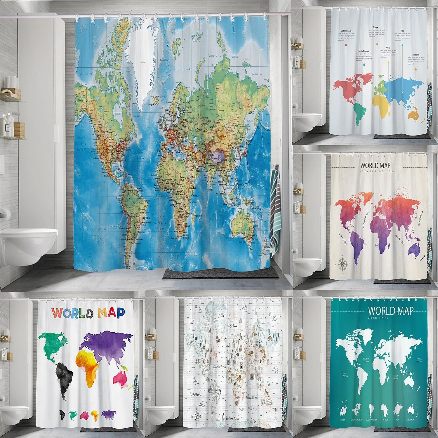 

Map Series Waterproof Shower Curtain Set With 12 Hooks Bathroom Curtains Polyester Fabric Bath Mildew Proof Home Decor